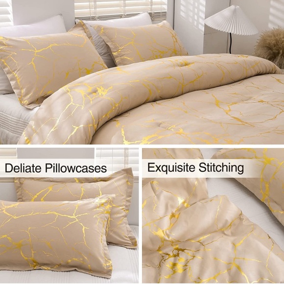 Queen Taupe Marble Comforter Set, Gold Metallic Foil Printed - Picture 5 of 7